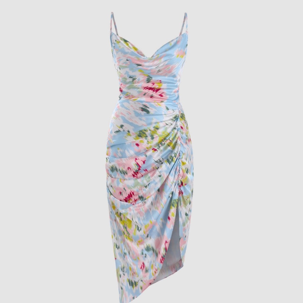 Floral Ruched Cowl Neck Midi Dress